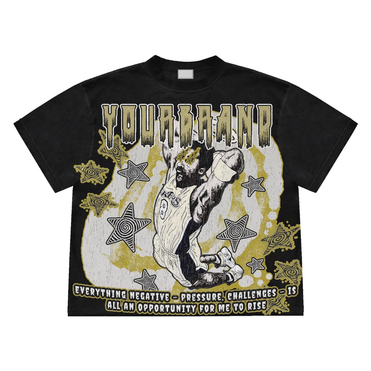 Black t-shirt with a large 'Youthquake' graphic featuring a character and stars.