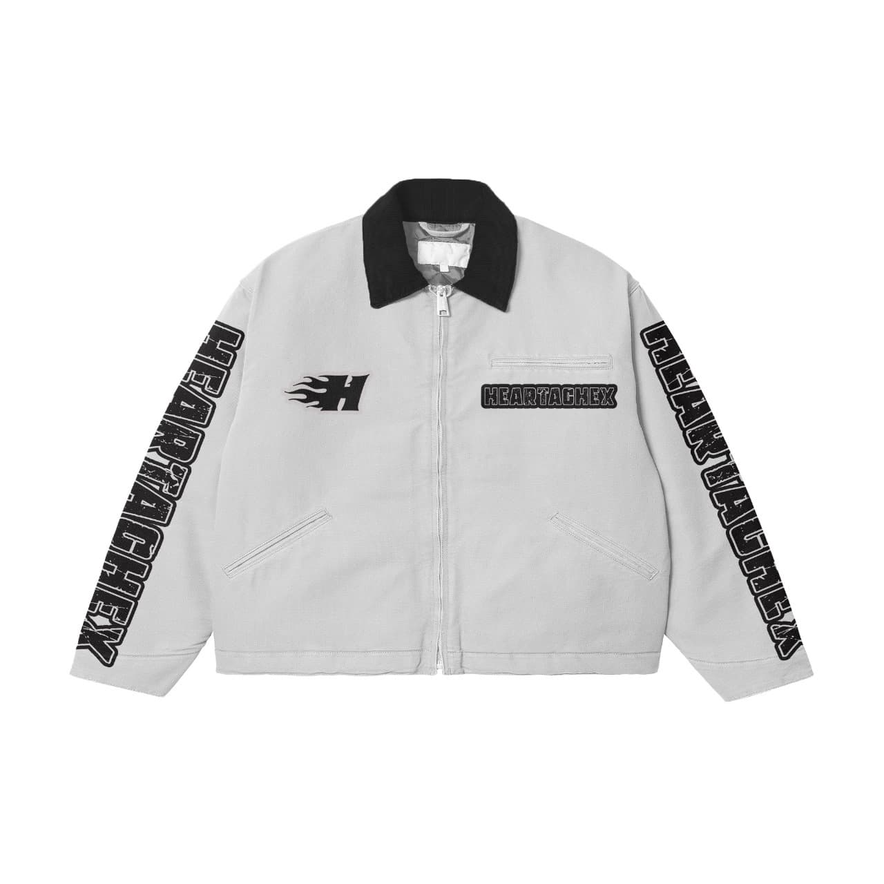White work jacket with a black collar and text printed down the sleeves.