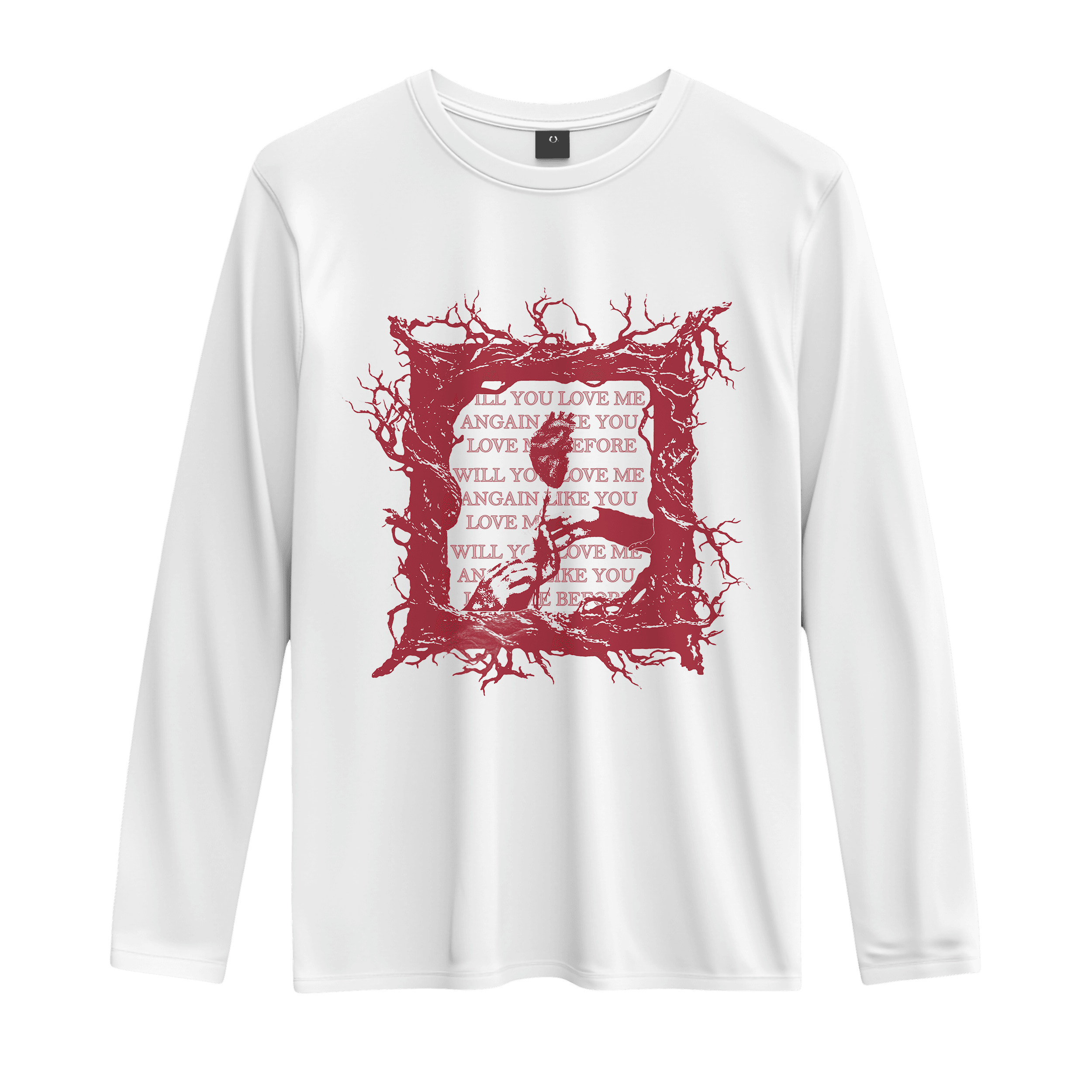White longsleeve shirt with a red root-like graphic on the chest.